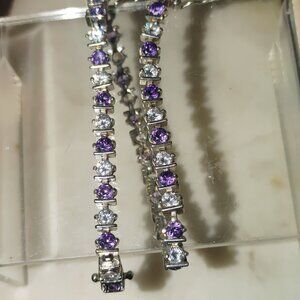 Sterling Silver CZ Bracelet 7 Inches Tennis  Sparkling Purple Clear Stonesn Gift